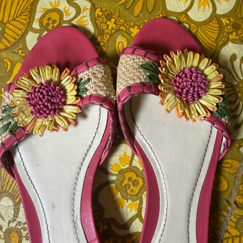 VTG Y2K Pink Cottage Whimsy Open Toe Straw Flower Country Western Sandals Size 7 - Picture 7 of 10